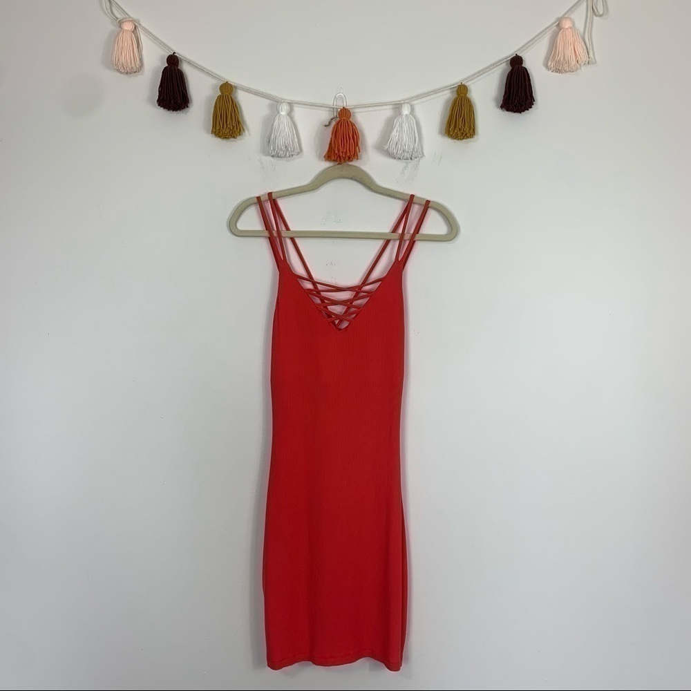 Bebe Bodycon Ribbed Knit Coral Pink Mini Dress Size Small